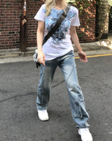 y2k ブルーホワイトローズテイルTシャツ