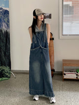 モンドナーフリンジポケットサスペンダーバックオープンロングデニムワンピース / Mondner Fringe Pocket Suspenders Back Open Long Denim Dress