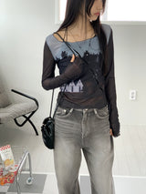 /Grace Cutting Slit See-Through Warmer Long Sleeve T-Shirt