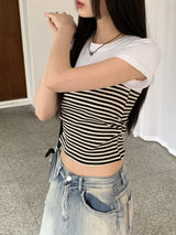 Sie Stripe Shirring Tube Top Set All-in-One Crop Short-Sleeved T-Shirt