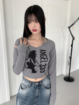 ホックビーズホルタートングプリント長袖Tシャツ / hook beaded halter thong print long sleeve t-shirt