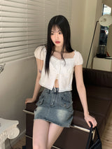 Poppy Vintage Lace Puff String Cropped Short Sleeve Blouse