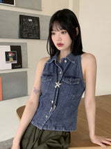 ユロンカラーラインデニムホルターシャツノースリーブ / Yureon Collar Line Denim Halter Shirt Sleeveless