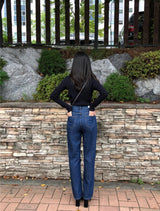 セミワイドフィットストリングポイントダークデニムパンツ/JEON SO MIN SEMI-WIDE FIT STRING POINT DARK DENIM PANTS [17708]
