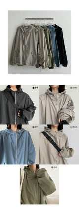カーリングストリングハイネックウィンドブレーカーフードジップアップ / Couring String High-Neck Windbreaker Hooded Zip-Up