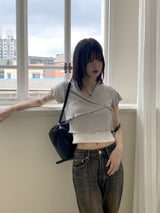 Juri Ruffle Ribbon Wrap Strap Cropped Short Sleeve T-shirt