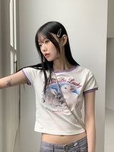 アンサーウサギプリント配色バインディングクロップ半袖Tシャツ/Answer Rabbit Print Color Matching Binding Cropped Short Sleeve T-shirt