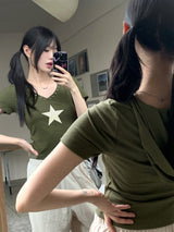 ヒッシャーY2Kスターアイレットフード半袖Tシャツ / Hisher Y2K Star Eyelet Hooded Short Sleeve T-shirt