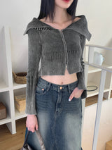 Elfu Gradient Two-Tone Off-Shoulder V-Neck Two-Way Long-Sleeved Knitwear Zip-Up