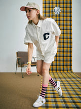 Cパッチユニセックス半袖オクスフォードシャツ / C Patch Short-Sleeved Unisex White Oxford Shirt