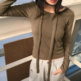 [Muffler set] Tyuji striped round long sleeve t-shirt