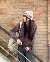 Bolt Napping Shirring Pleated Cropped Long-Sleeved Hoodie T-Shirt