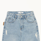 ストレートフィットバックポケットレザーパッチポイントブレットマークデストロイドデニムパンツ / STRAIGHT FIT BACK POCKET LEATHER PATCH POINT BULLET MARK DESTROYED DENIM PANTS [16624]