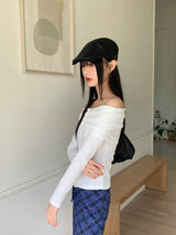 イクストライプボタンスリットオフショルダー長袖Tシャツ