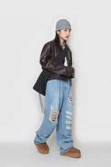 クロップレザーカーディガン / Crop leather cardigan