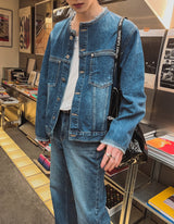えり無しダメージデニムトラッカージャケット