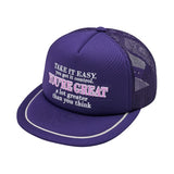 スローガン刺繍トラッカー キャップ/SLOGAN EMBOSSING TRUCKER BALL CAP PURPLE