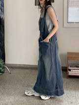 モンドナーフリンジポケットサスペンダーバックオープンロングデニムワンピース / Mondner Fringe Pocket Suspenders Back Open Long Denim Dress