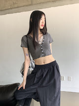 カタル一体型レースVネッククロップ半袖カーディガン/ Catal all-in-one lace V-neck cropped short-sleeved cardigan