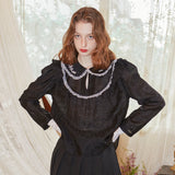 Flower Embroidered Pintuck Blouse (Black) (6681231491190)