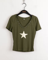 ヒッシャーY2Kスターアイレットフード半袖Tシャツ / Hisher Y2K Star Eyelet Hooded Short Sleeve T-shirt