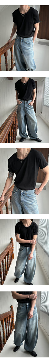 [MUSCLE FIT] Golgi u neck half t-shirts(4color)