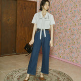 ステッチ タイ カラー ブラウス / [LINE] Stitch Tie Collar Blouse
