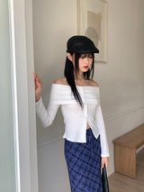 イクストライプボタンスリットオフショルダー長袖Tシャツ