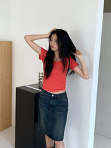 Dear Basic Ribbed Square Neck Short Sleeve T-shirt