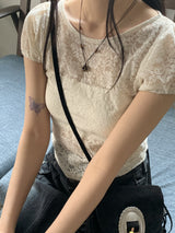 レイヤードシースルーレースパフ半袖Tシャツ/Poel layered see-through lace puff short sleeve T-shirt