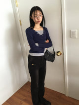Jettyレイヤード配色Vネックトット長袖Tシャツ