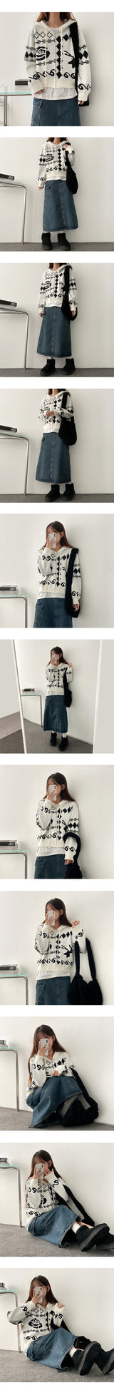 Porcelain Pattern Knitwear Hooded Zip-Up Cardigan