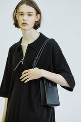 スクエアチェスト ジッパーアップ ポロニットTシャツ / square chest zipper-up polo knit t-shirt black