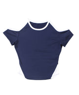 ポリエスターオフショルダークロップトップ / Polyester Off-Shoulder Crop Top (Navy)