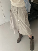Carvil button ribbon shirring slit half length midi skirt