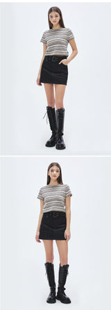 ストライプ 半袖 Tシャツ・カットソー/Summer Knit Stripe Crop Top [2カラー]