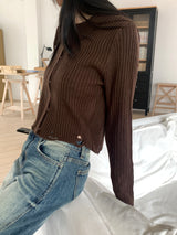 Tuma damage snap button collar knit cardigan