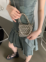 フェディンメタルパールビーズパールトートクロスバッグ/Pedin Metal Pearl Bead Pearl Tote Crossbody Bag