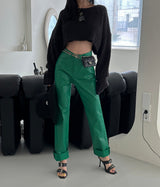 leather coated straight pants