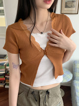 コシットレースボタンVネッククロップド半袖カーディガン / Cosit lace button V-neck cropped short-sleeved cardigan
