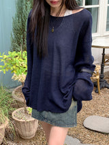 Rerfen boat-neck net loose fit long-sleeved knitwear