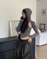 Pixie Shoulder Slit Cropped Long-Sleeved Hoodie T-Shirt