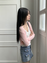 リーミングサマーシースルーワンボタンクロップ長袖カーディガン【6色】/[6 colors] Leoming summer see-through one-button cropped long-sleeved