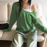ソフルビビッドリブオフショルダールーズフィットディープUネックロングTシャツ
