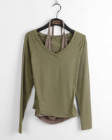 Riple Halter Layered V-Neck Cropped Long-Sleeved T-Shirt