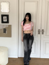 チョイカチェックツイストキンクハートネッククロップ半袖Tシャツ/Choika Check Twisted Twisted Heart Neck Cropped Short Sleeve T-shirt