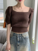 ロミエンパフスクエアバックリボン半袖ニット / Romien Puff Square Back Ribbon Short-Sleeved Knit