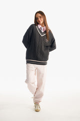 ミドルチェリーツイストⅤネックニット／MIDDLE CHERRY TWIST V-NECK KNIT [GRAY CHARCOAL]