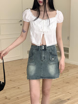 Poppy Vintage Lace Puff String Cropped Short Sleeve Blouse