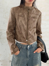 Ant no collar biker washing cropped leather jacket